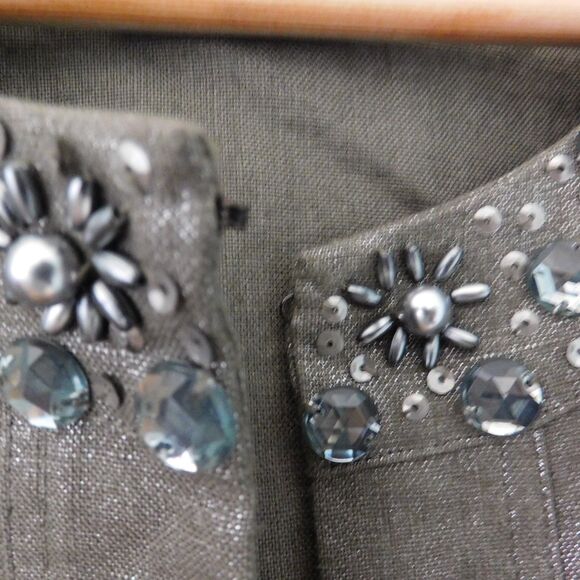 CHICOS jacket blazer 100% linen embellished metallic open front Taupe Silver 2 - Picture 4 of 7